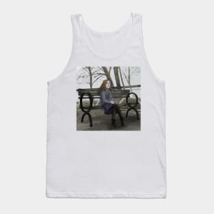 Young Woman on a Bench on a Cloudy Day Tank Top